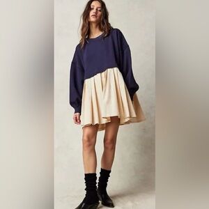 Free People Eleanor Navy & Cream Babydoll Sweatshirt Dress Top S
